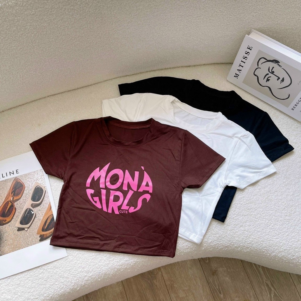 áo croptop thun lụa in chữ mona mềm mát mùa hè