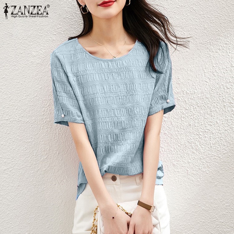Áo kiểu ZANZEA tay ngắn cổ tròn xếp ly thời trang dành cho nữ