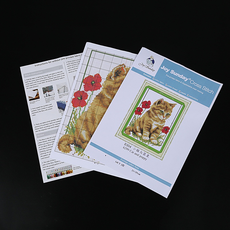 Mới Bộ Tranh Thêu Chữ Thập 14ct 21x29cm Hình Mèo Và Hoa Anh Túc