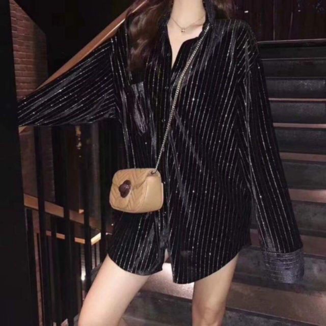 Áo sơmi nhung sọc kim tuyến hàng QCL1
