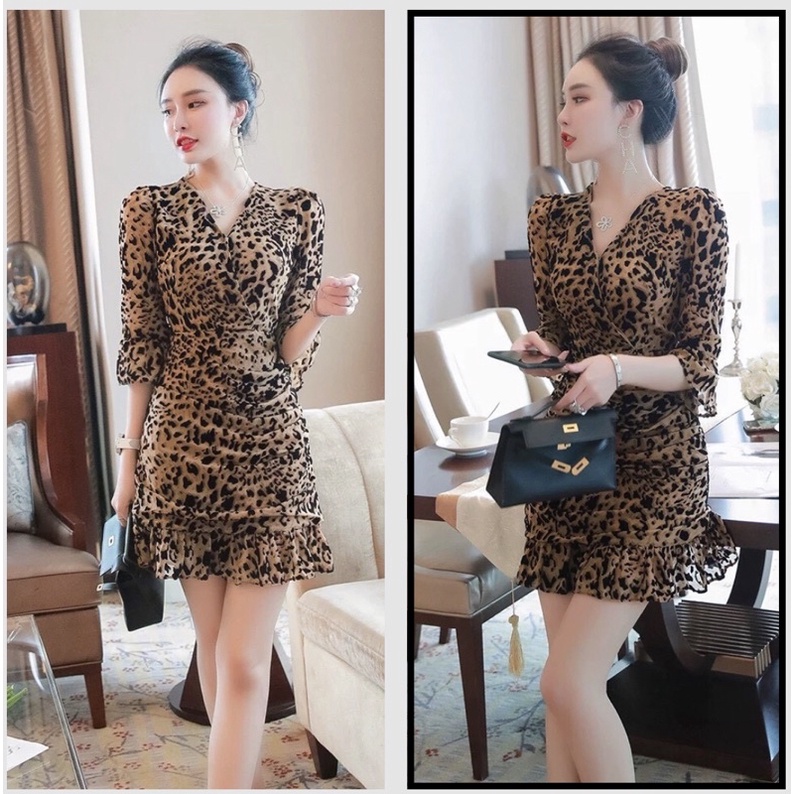 Đầm ôm họa tiết da beo, cổ chữ V, kiểu dáng thời trang, sang chảnh