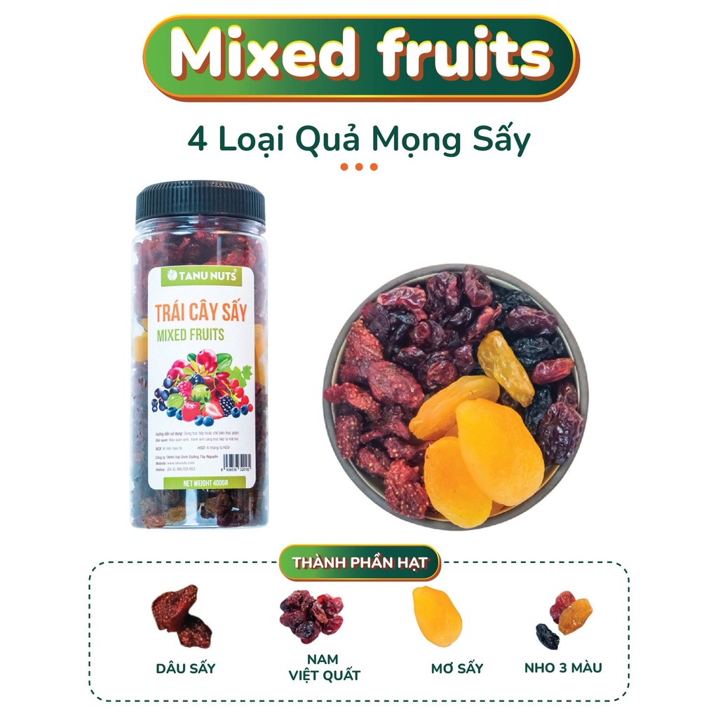 Trái cây sấy dẻo không đường TANU NUTS Mix Fruits 4 loại gồm mơ, dâu tây, nho khô, việt quất 400g