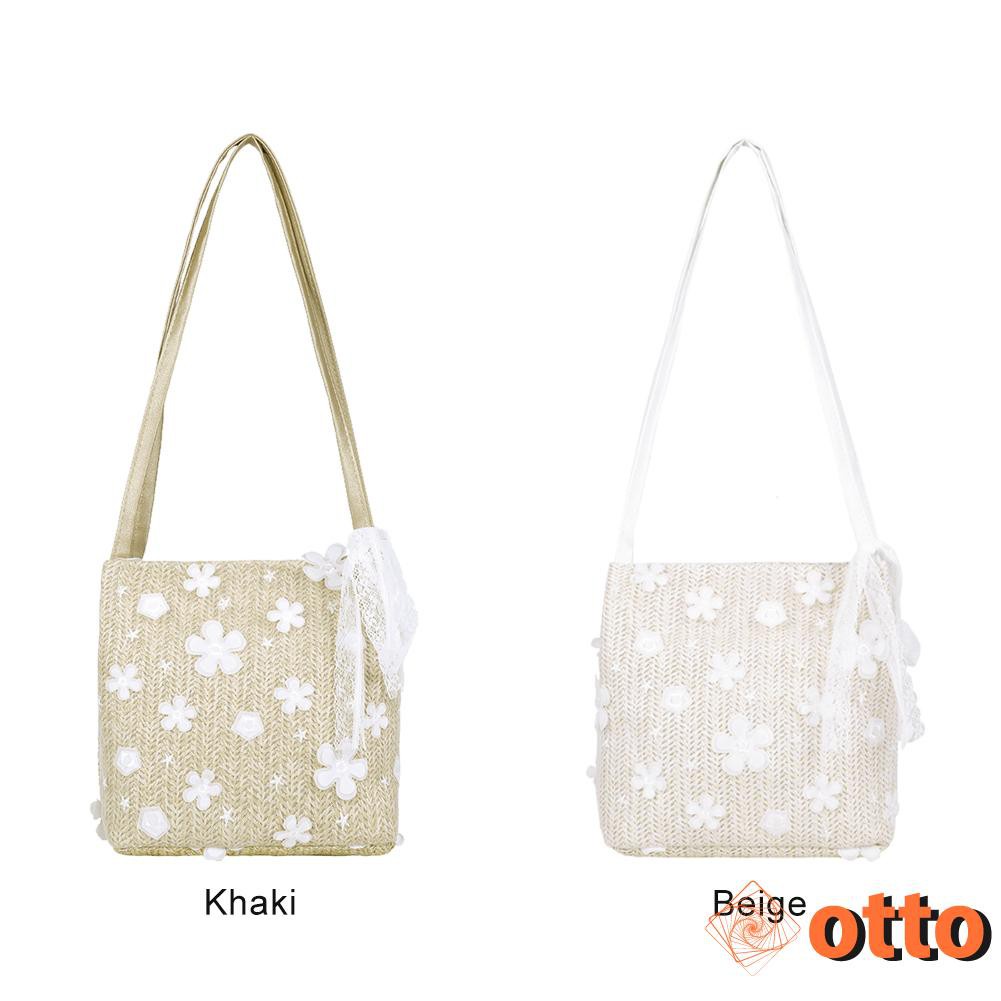 Women Straw Totes Shoulder Bag Lace Flower Portable Elegant Beach Handbag