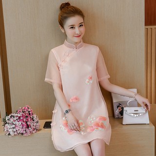 Đầm Sườn Xám Dáng Chữ A Form Rộng Thêu Họa Tiết Phong Cách Retro