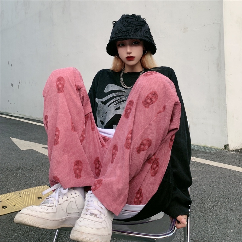 Quần nhung ống rộng in họa tiết đầu lâu phong cách thời trang cổ điển Hàn Quốc size M-2XL