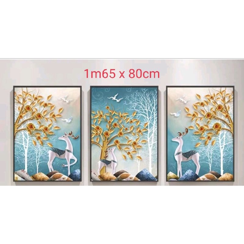 Tranh thêu chữ thập Bộ 3 bức hươu tài lộc MN0145- Tặng gối ghim kim