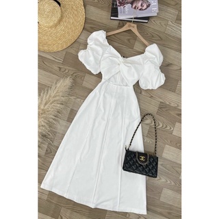 Đầm bigsize nữ tay phồng xoắn ngực, dáng dài/midi