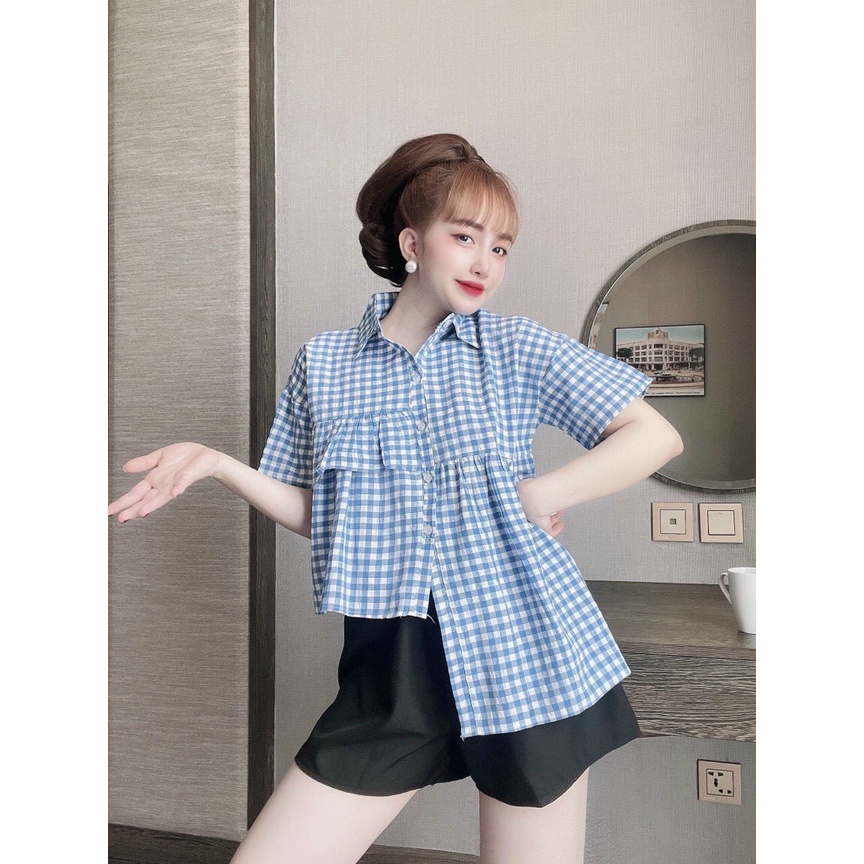 Set bộ nữ mặc đi chơi, áo kiể nữ tay ngắn cổ bẻ, quần đùi ngắn, quần short ngắn
