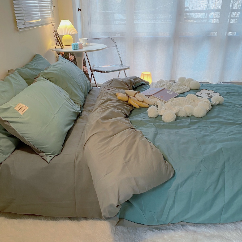 Bộ chăn ga gối đệm Cotton TC phối ga trải giường xám MÂY BEDDING đủ màu xám xanh dương xanh mint be đủ kích thước nệm