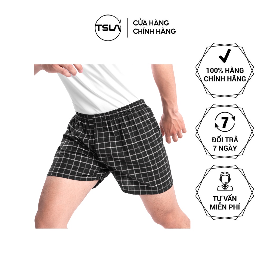 Quần đùi nam mặc nhà TSLA vải kate dệt kháng khuẩn hút ẩm thoáng mát họa tiết caro thể thao TSR3019