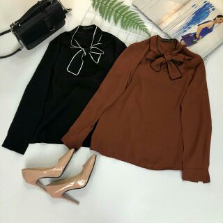 Sơ mi lụa cổ nơ viền