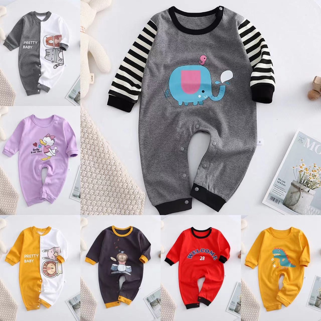 Bộ áo liền quần cotton dài tay có in hình vịt Donald hoạt hình cho bé trai và bé gái sơ sinh