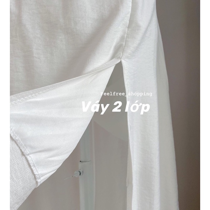 váy xẻ tả chỉnh ngực cổ vuông trễ vai trắng đen D049