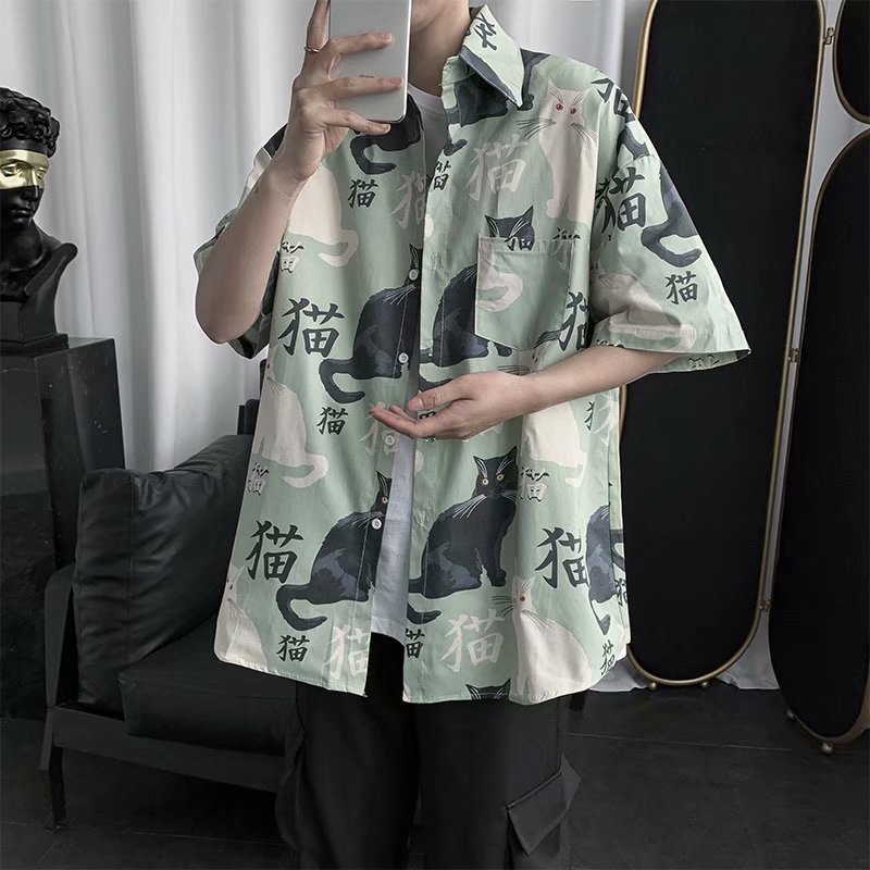 Real shot spot summer urban trend all-match loose casual fashion personality printing design casual short-sleeved shirt