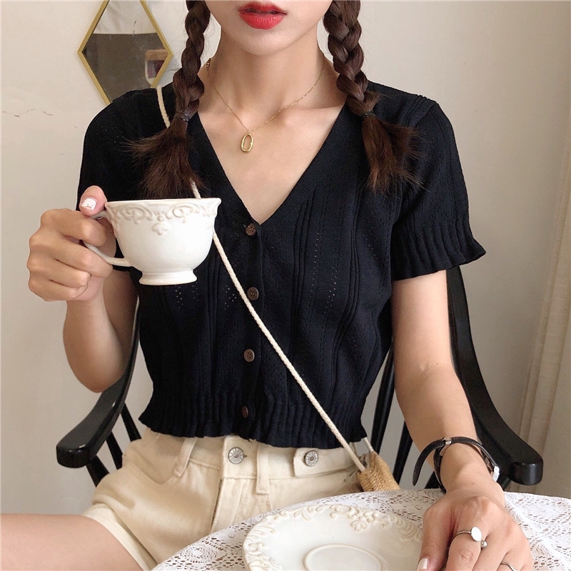Áo Dệt Kim Nữ Cổ Chữ V Ngắn Tay Kiểu Hàn Quốc | BigBuy360 - bigbuy360.vn