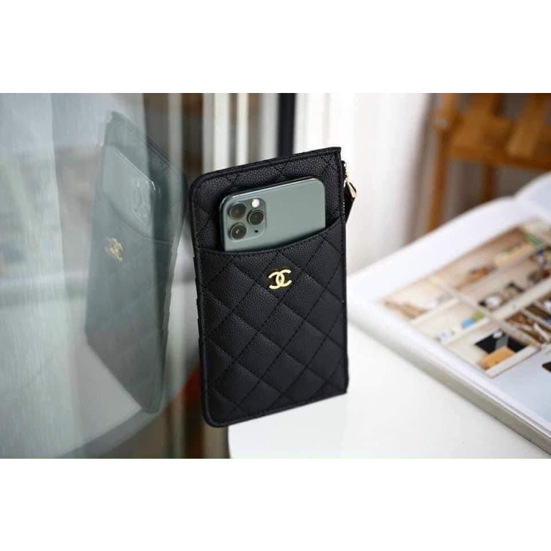 TNS-Ví card holder có ngăn điện thoại siêu hottrend gift set-chất da xịn chần trám màu đen classic