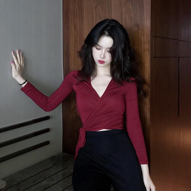 Áo Croptop Tay Dài Cổ Chữ V Màu Trơn Thời Trang Quyến Rũ Cho Nữ