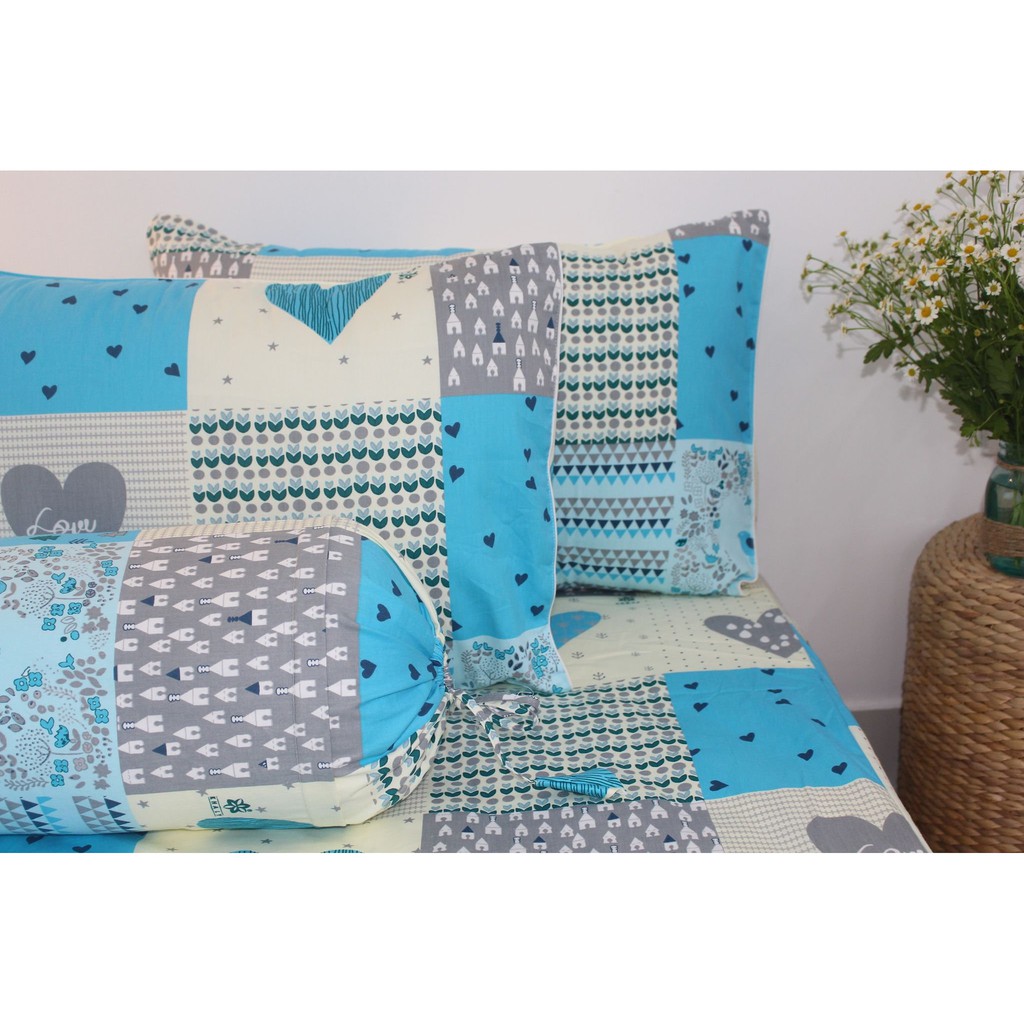 Bộ drap gối 4 món 100% cotton thiên nhiên Kha Ly-Ô vuông tim Xanh