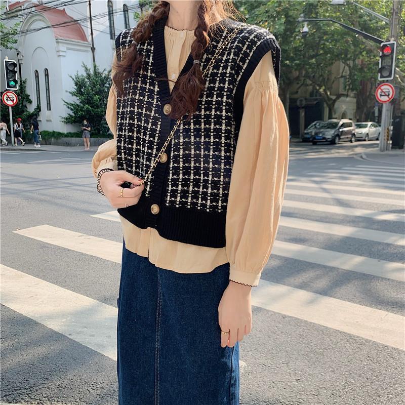 Bộ áo sơ mi dáng rộng kèm áo khoác không tay dệt kim phong cách Hàn Quốc (Có bán lẻ) | BigBuy360 - bigbuy360.vn