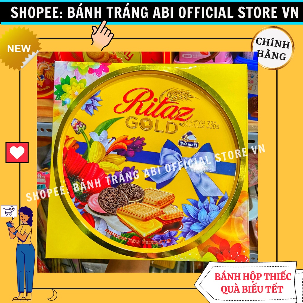 [ QUÀ TẶNG BIẾU TẾT ] HỘP THIẾC BÁNH QUY CÓ NHÂN-QUY BƠ RICHY-RITAZ GOLD  336g sang trọng mẫu đẹp tết mới 2022