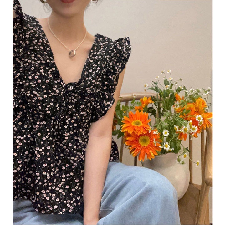 Áo Sơ Mi Hoa Không Tay Thời Trang Hàn Quốc Xinh Xắn