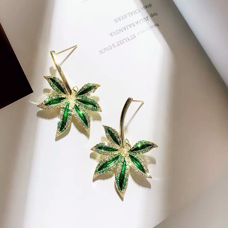 GREEN LEAF Đôi Bông Tai Mạ Bạc 925 Hình Chiếc Lá Đính Đá Thời Trang Cho Nữ