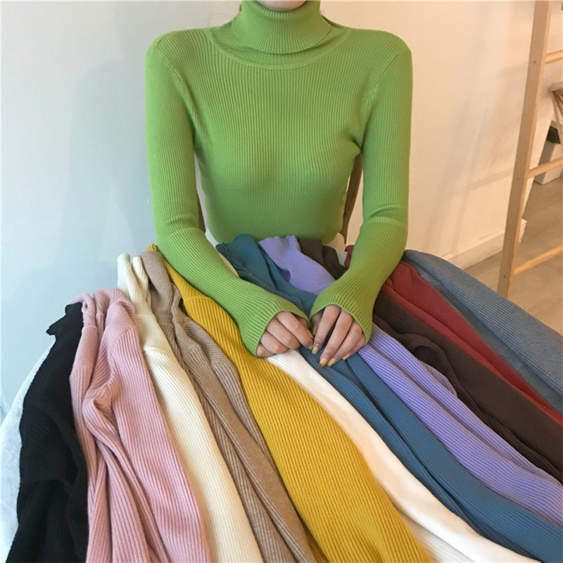 Áo Sweater Dệt Kim Cổ Lọ Tay Dài Màu Sắc Xinh Xắn Cho Nữ