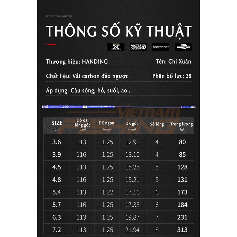 Cần câu tay Handing Chi Xuân ( 3m6 , 4m5 , 5m4 , 6m3 , 7m2 ) - Độ cứng 5H