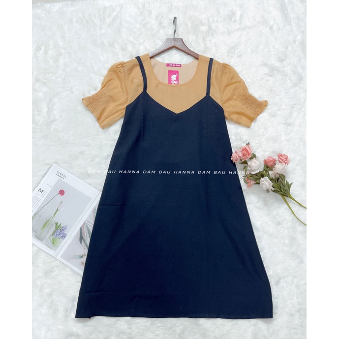 Đầm bầu công sở giả yếm big size 90kg dáng dài qua gối fom a dễ thương vải mềm mát không nhăn thấm mồ hôi tốt