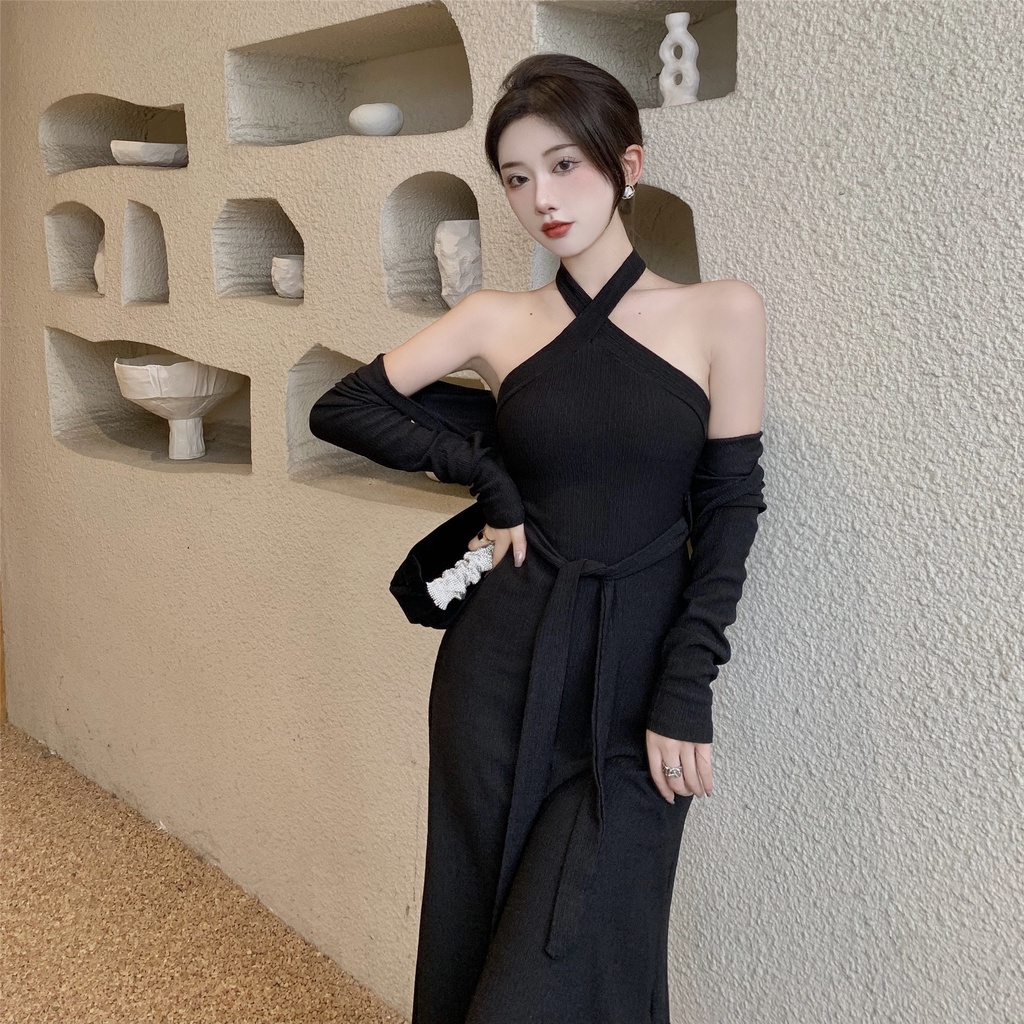 Set đồ COZOKC gồm đầm và áo khoác cardigan dáng ngắn phong cách cổ điển