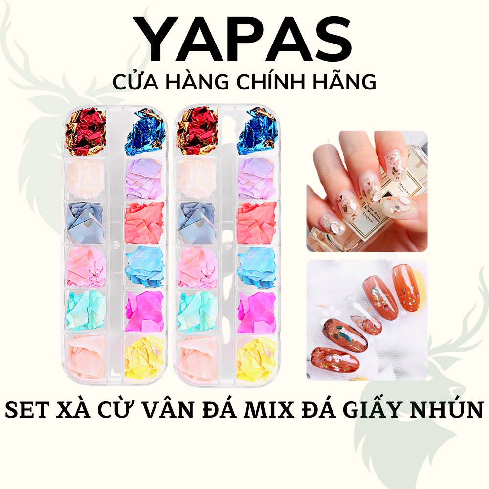 Xà cừ nail khay mix giấy nhún đá sỏi đính móng Yapas x Pinpai , Set xà cừ vân đá mix màu trang trí móng chuyên dụng