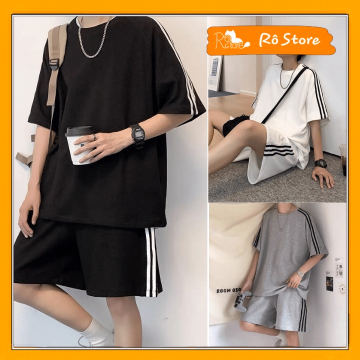 Bộ thun 3 sọc trơn cộc tay form rộng unisex chất vải tổ ong thoáng mát nam nữ mặc được Rô Store S25