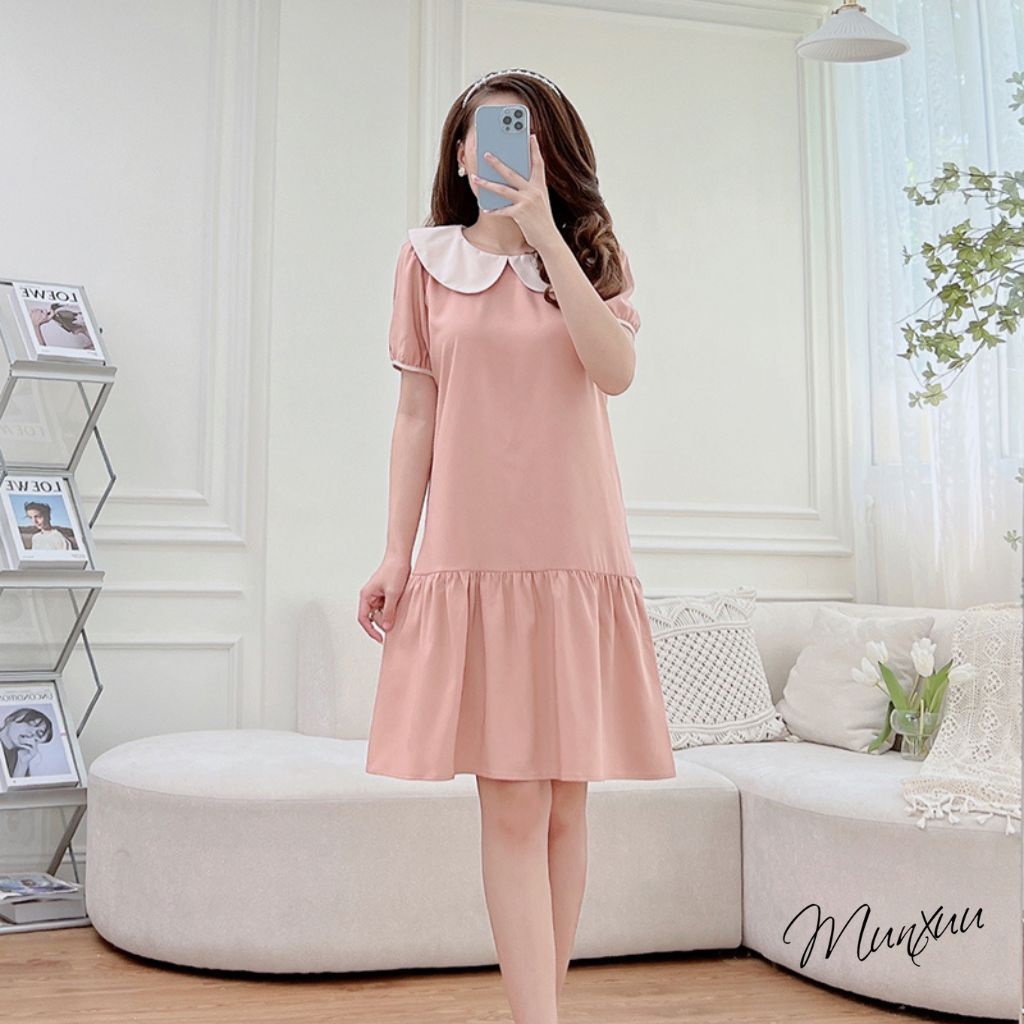 Đầm nữ babydoll MUNXUU hàng thiết kế tay ngắn cổ sen màu trơn dáng dài xòe nhẹ nhàng thanh lịch - V11