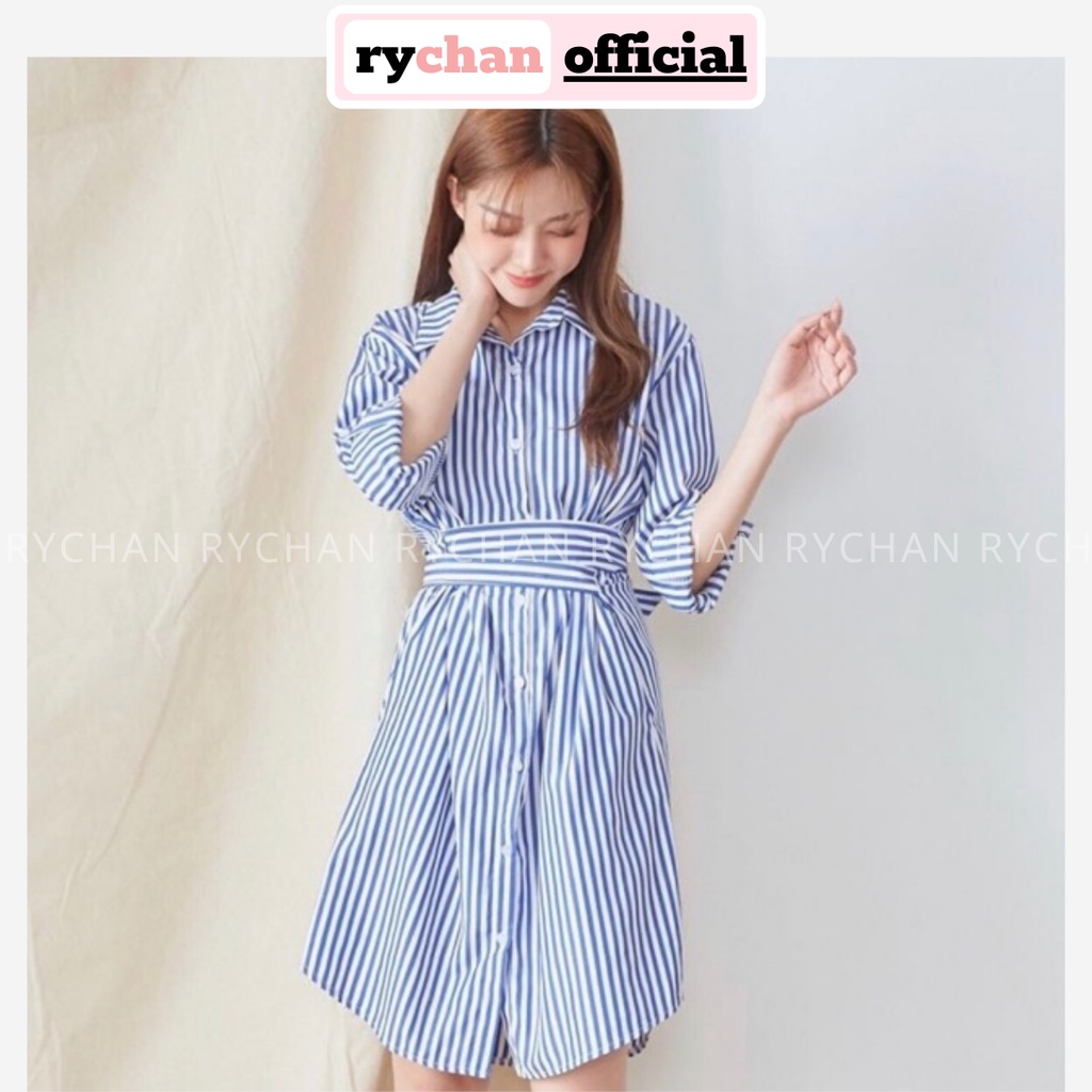 Đầm Nữ Đi Chơi Form Ngắn Sọc Xanh Cổ Sơ Mi Tay Lửng Chéo Eo - DX9800