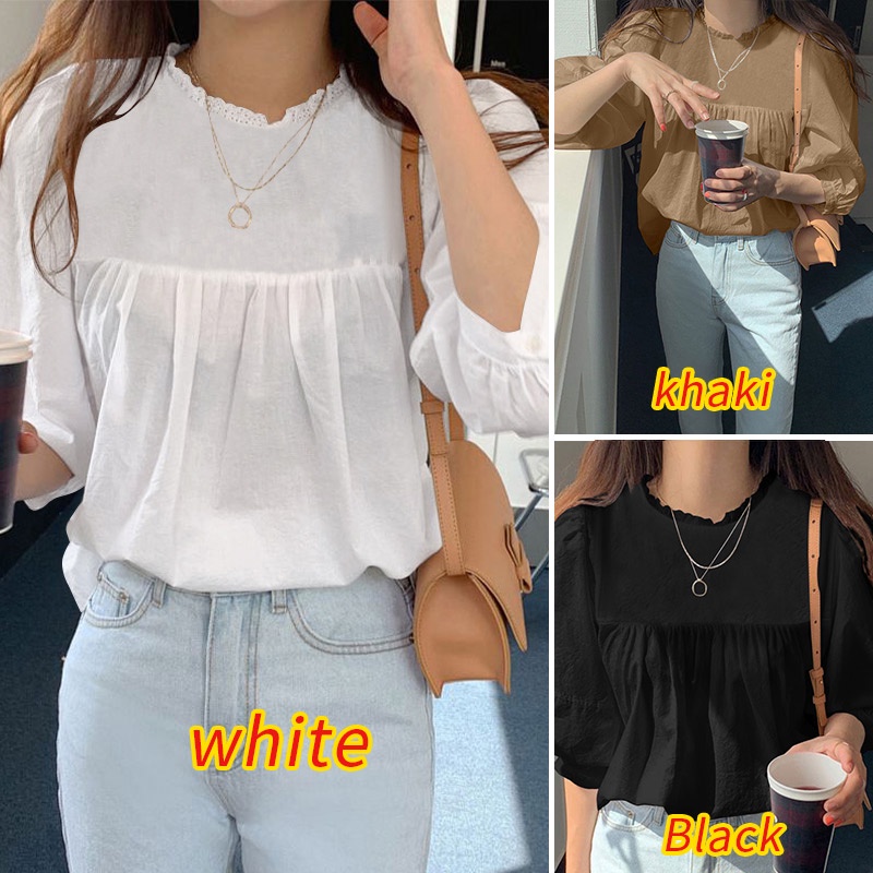 Áo Zanzea tay phồng cổ tròn màu trơn phong cách Hàn Quốc ngọt ngào đáng yêu dành cho nữ