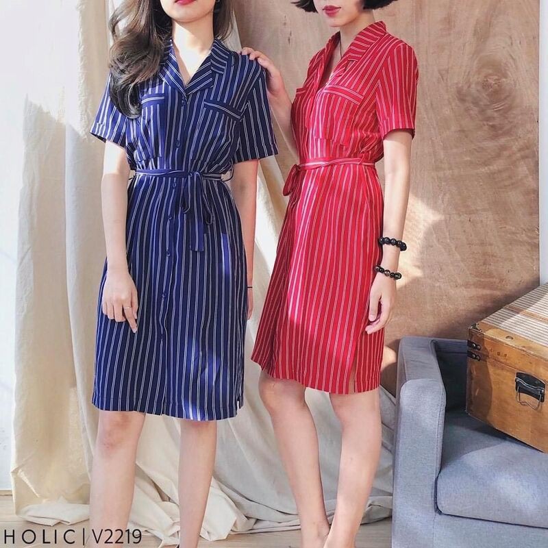 Đầm sơ mi chất mềm mát kẻ 2 màu Aholic V2219