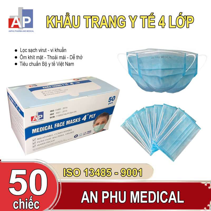 Khẩu Trang Y Tế 4 Lớp Có LOGO,Hộp 50 Chiếc Kháng Khuẩn,Lọc Khói Bụi Độc Hại , hàng nhà máy bán trực tiếp .