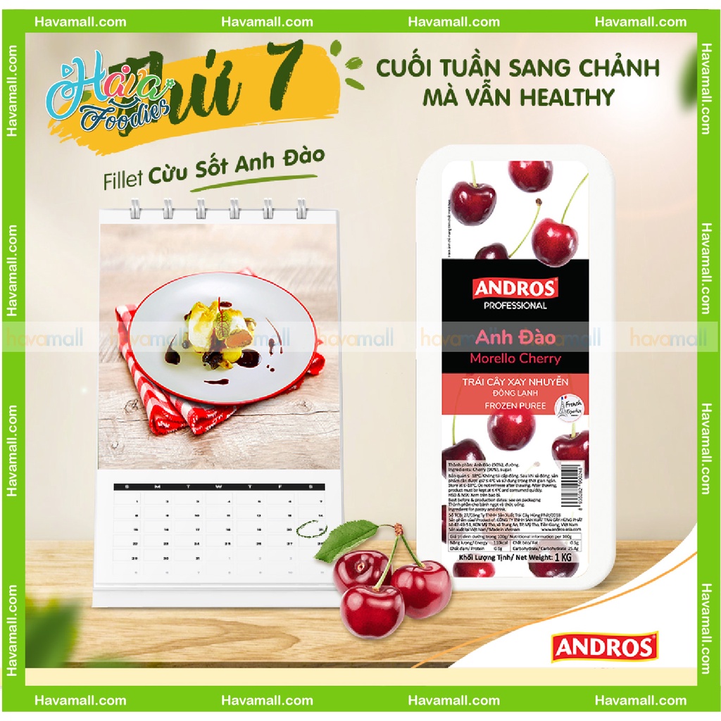 Anh Đào  Xay Nhuyễn Đông Lạnh ANDROS Hộp 1Kg - Tặng Bột Làm Kem