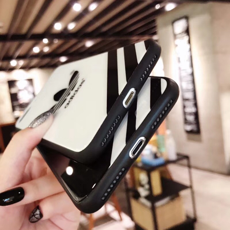 Ốp điện thoại mặt kính cường lực hình logo Adidas cho iPhone 6 6S 7 8 Plus X