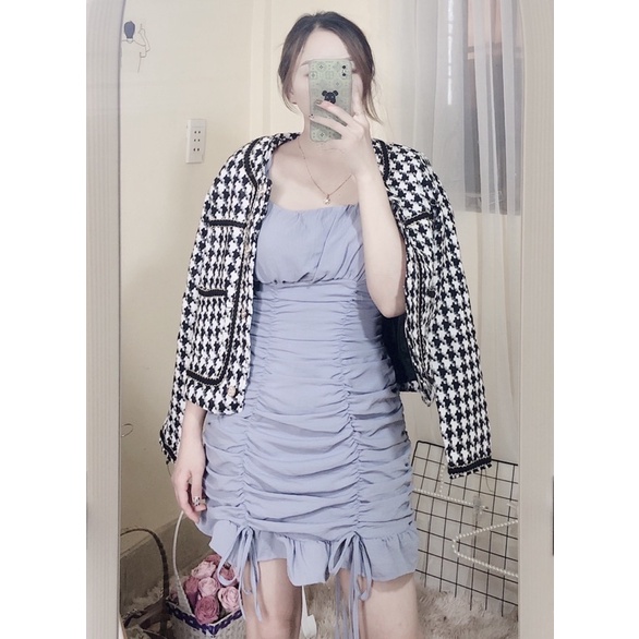 [ Ảnh độc quyền] Áo Khoác Dạ Nữ Vải Tweed Dáng Ngắn Croptop Dài Tay Hoạ Tiết Kẻ Sọc Caro Răng Sói có độn vai kèm nơ