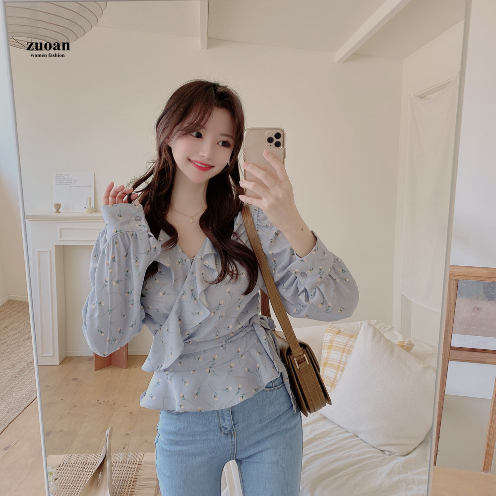 SUXI Áo kiểu dài tay chất liệu chiffon họa tiết dễ thương cho nữ