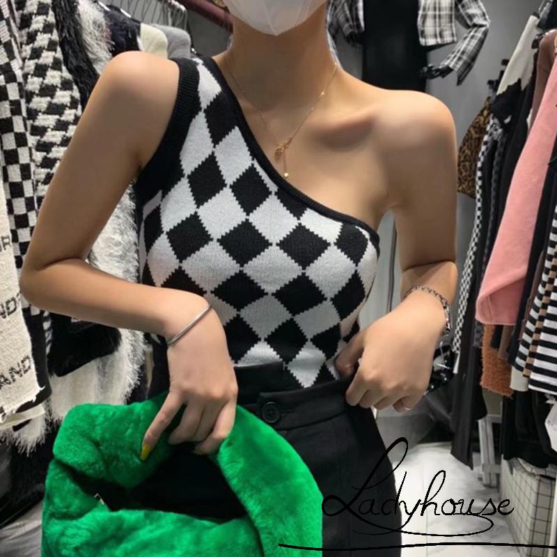 Áo Croptop Hai Dây Dệt Kim Hở Một Bên Vai Họa Tiết Kim Cương Cho Nữ