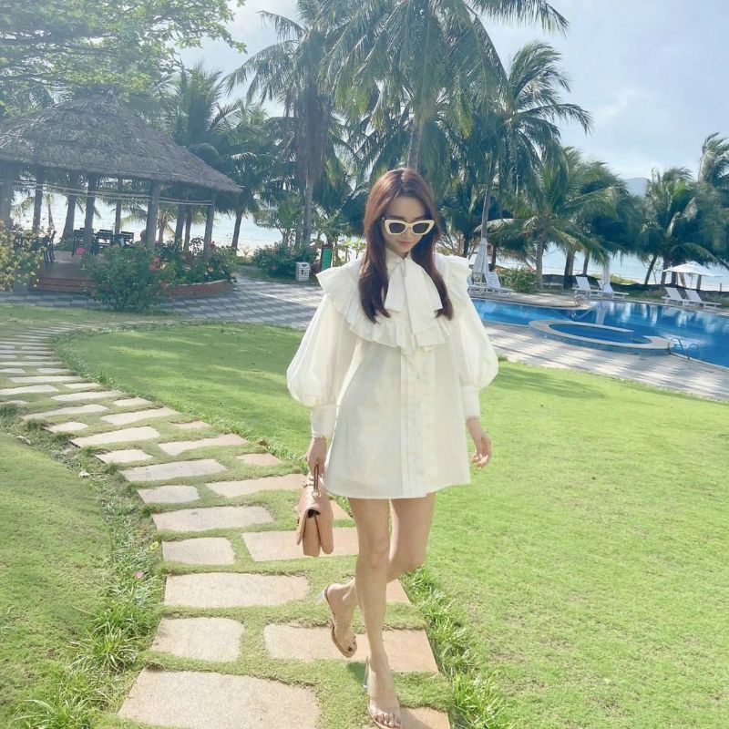 Đầm sơ mi lai ren cột nơ xinh phong cách