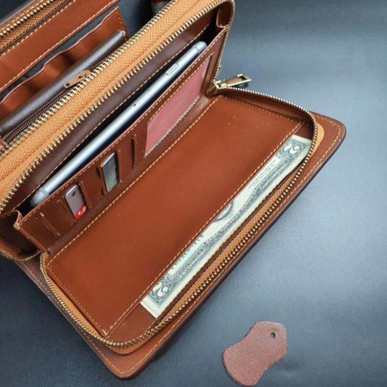 [Da thật] Clutch da thật 2 ngăn kéo, da trơn - 100% da bò thật