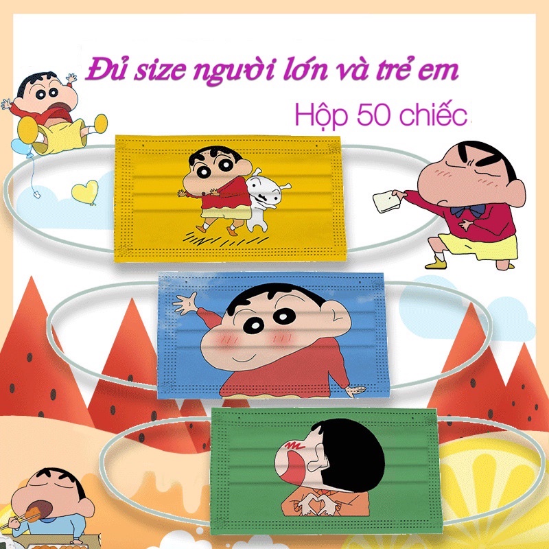 HỘP 50 CÁIKhẩu trang in hình Shin, Siêu anh hùng, Kitty đủ size trẻ em và người lớn