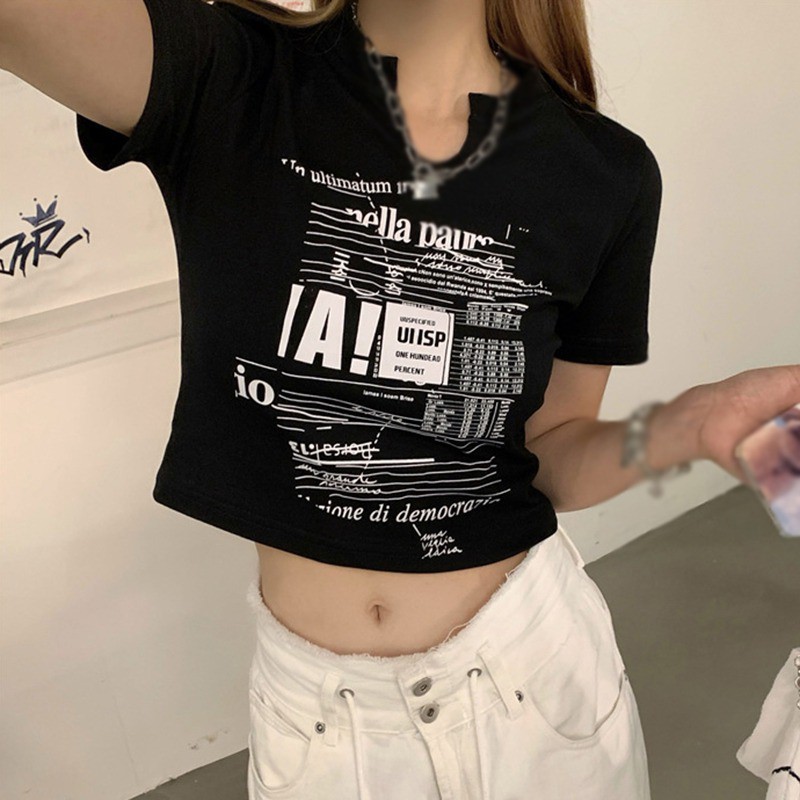 Áo Croptop Tay Ngắn Cổ Chữ V In Chữ Dáng Ôm Phong Cách Hàn Quốc Quyến Rũ Cho Nữ