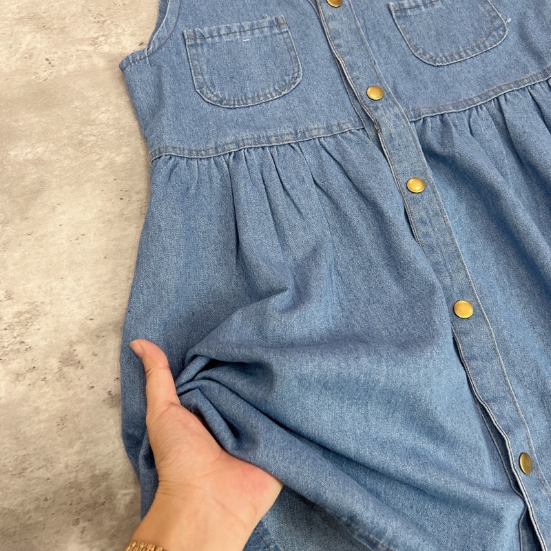 Váy bò sát nách xanh nhạt, chất jean mền đầm dáng xoè-Minxy shop