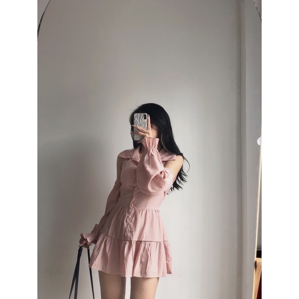 (Ảnh thật) Váy voan mềm xoè chữ A cổ sơ mi khoét vai the.sweaterweather TSW