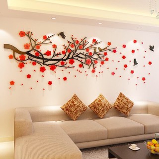 Trang trí tết 2025 - Đào ngang đỏ - tranh dán tường mica dán nổi trang trí phòng khách, văn phòng làm việc