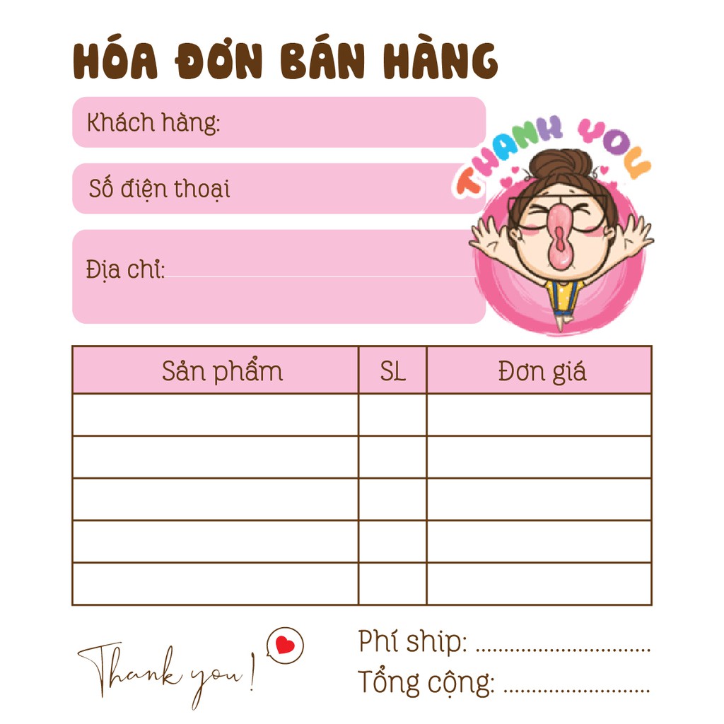 Hoá đơn bán hàng mini 1 liên siêu dễ thương mẫu cô gái áo vàng - V